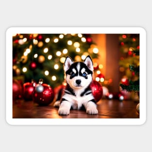 Tiny Husky Puppy Dog by Christmas Tree Sticker